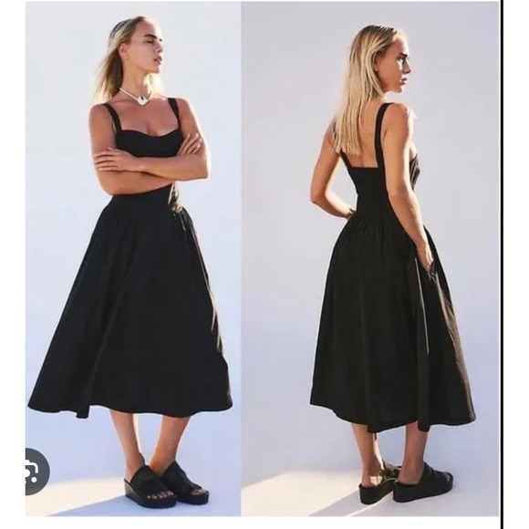 Free People Dresses & Skirts - Free People Black Cotton Midi Dress Square Neck Smocked Back Pockets -XL